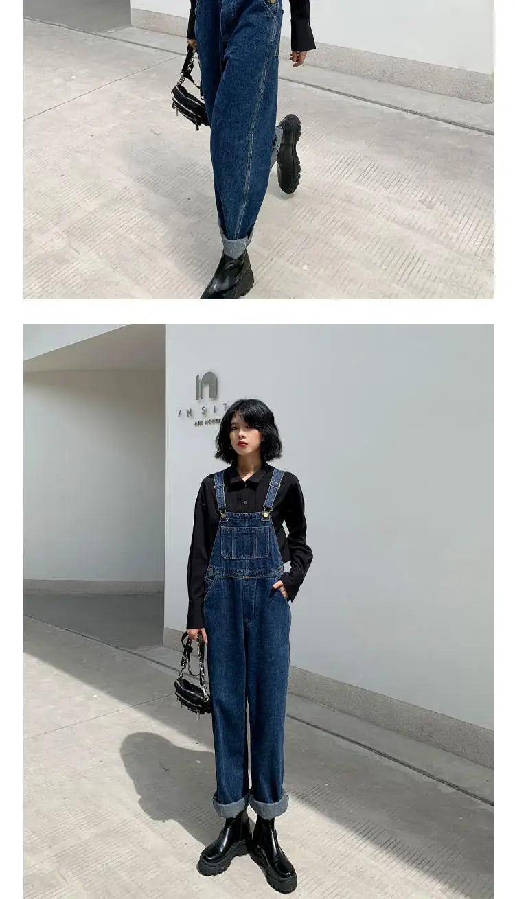 Jumpsuits Women Dark Blue Vintage Streetwear Harajuku Casual Fashion High Waist Loose Overalls Ulzzang Denim Suspenders Trousers