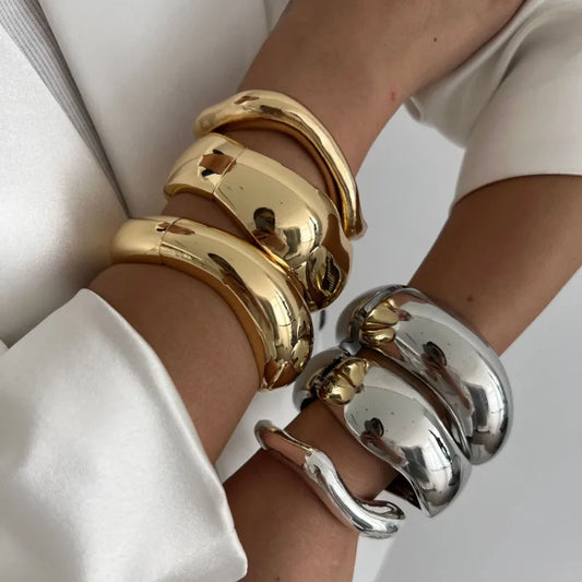 Wide Cuff Bangles Punk Gold Silver Color Geometric Metal Large Bangles for Women Bracelets Men Exaggerated Luxury Jewelry