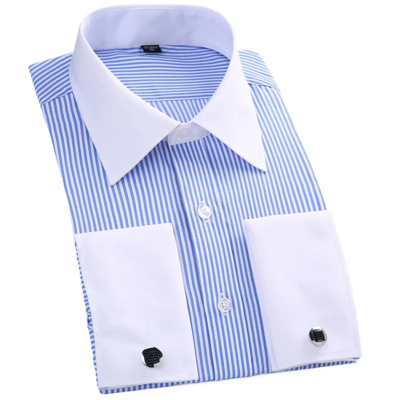 Men's Blue Long-sleeved Dress Shirts, Single-breasted Lapel Vertical Striped Shirt Men, White,Purple,Black,Pink,Yellow Optional
