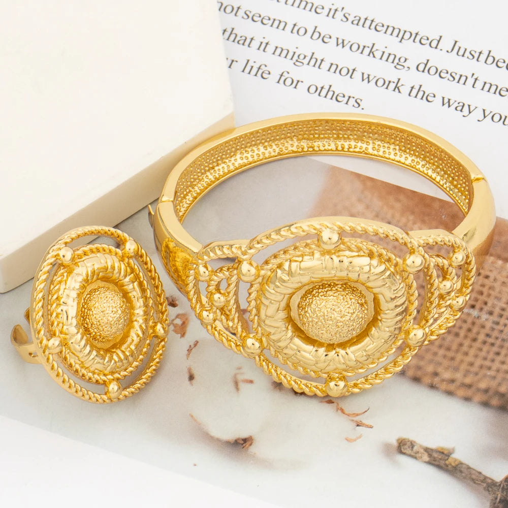 Brazilian Plated Bangle with Ring Jewelry for Ladies Exquisite Flower Design Hand Bracelet Finger Ring 2Pcs Set for Party
