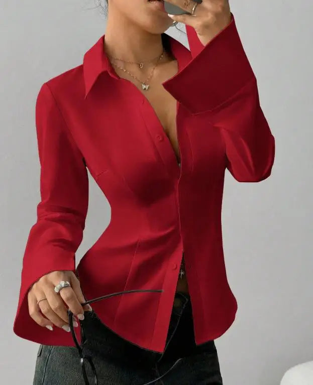 Women Blouse 2026 Spring Autumn New Solid Color Button Up Turn-Down Collar Long Sleeved Slim Fit Casual Cinched Waist Shirt Top