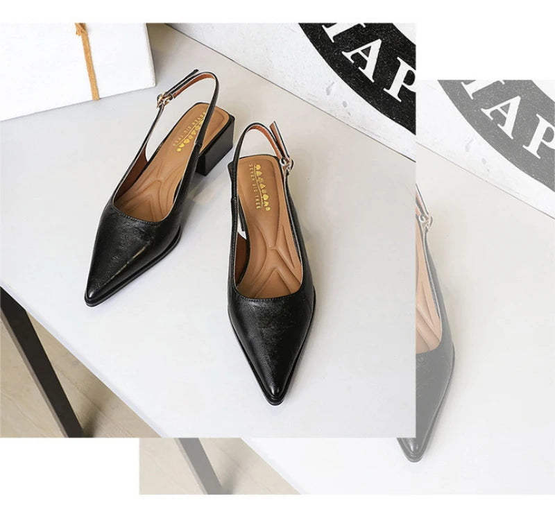 Simple And High-End Women's Shoes With Thick Heels Shallow Mouth Pointed Toe Slim Pedicures With Empty Back Tripping Mid-Heeled