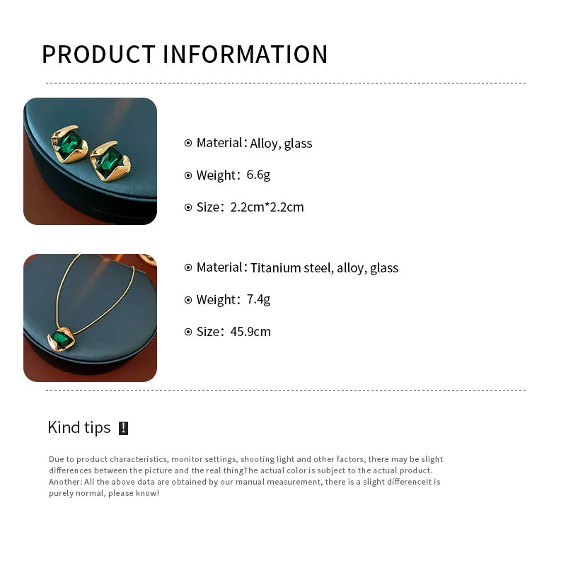 Green Fashion Wedding Jewelry Set Wholesale Square Earring Retro Light Luxury Temperament Collarbone Chain Necklace