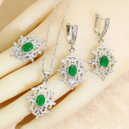 Bridal Jewelry Sets for Women Green Crystal Silver 925  Earrings Necklace Pendant Ring Wedding Gift