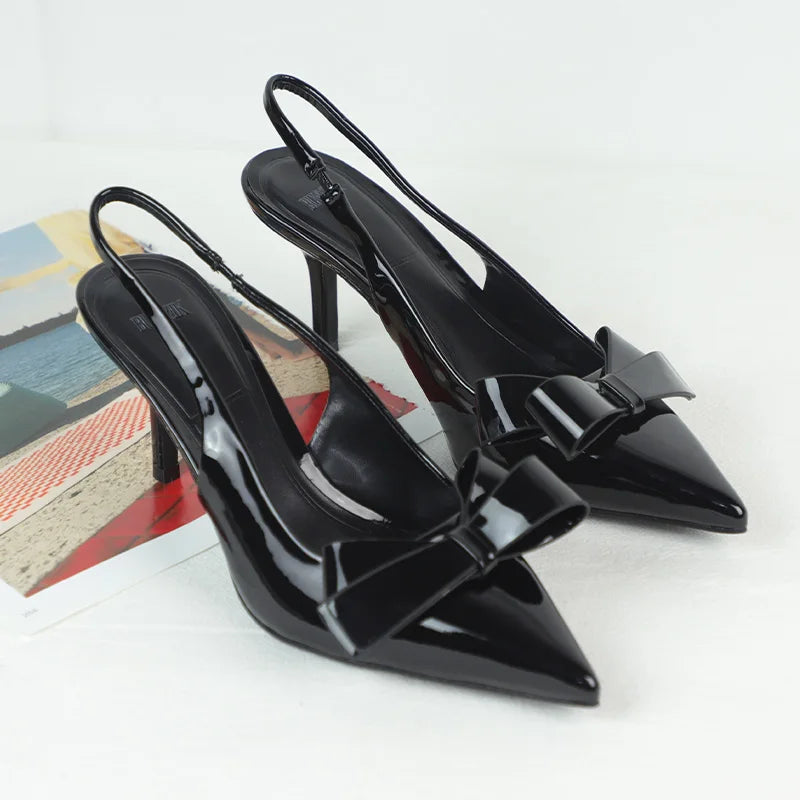 2025 Summer High Heel Sandals for Lady Pointed Toe Sexy Fashion Black Stilettos Bow Decoration Brand Designer Women Dress Shoes