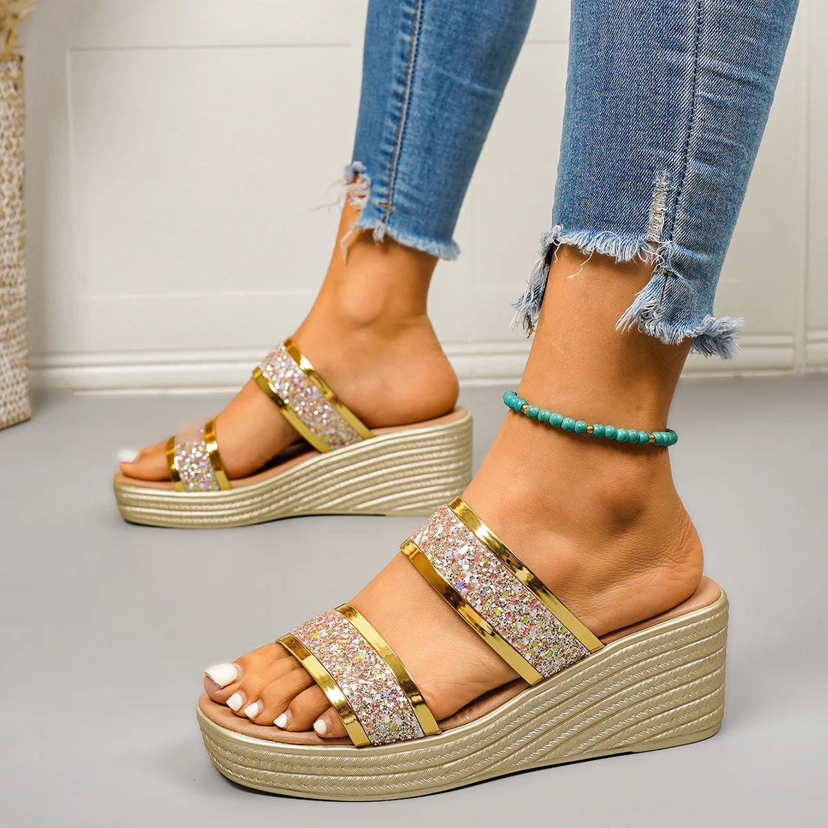 Fashion Women Wedges Sandals Luxury Platform Slippers Sexy Open Toe Women Shoes Shiny High Heels Women Shoes Sandalias De Mujer