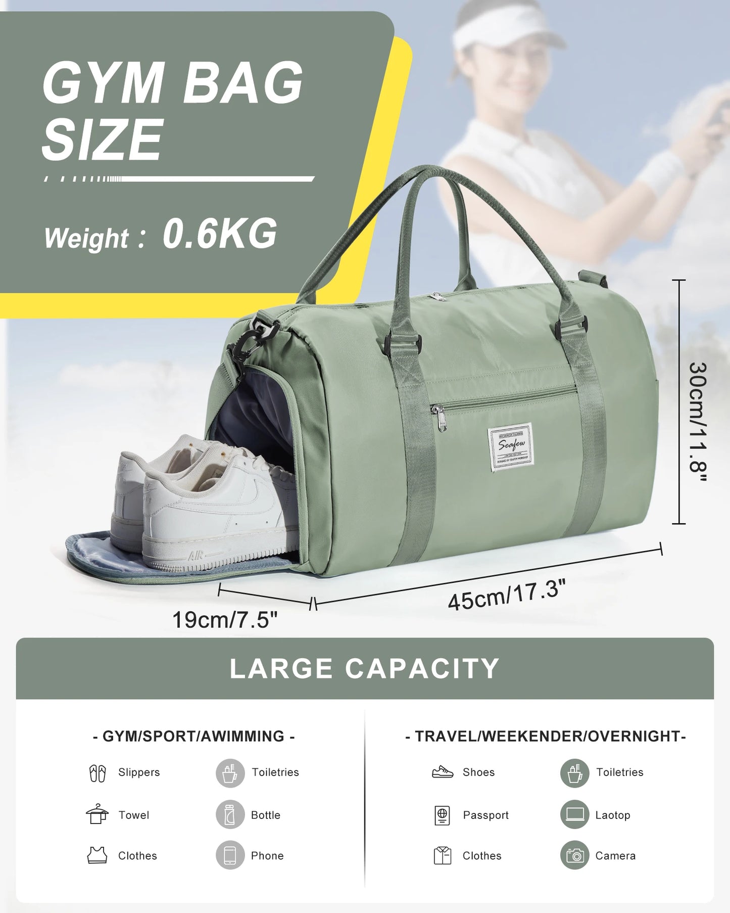 Hand Pockets Lady Weekender Bag Travel Canvas Bag, Weekend Nightlife Bag, Women Men Sports Fitness Bag，Hospital Delivery Bag