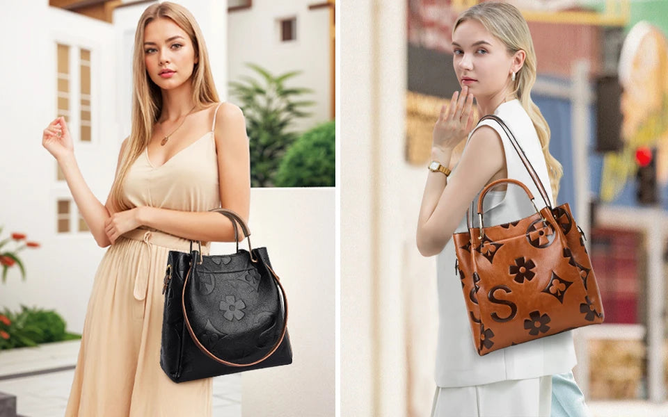Women's Top-handle Handbags Large Shoulder Bag Embossed Leather Top Handle Handbag Set Ladies Bucket Hobo Tote For Work Travel