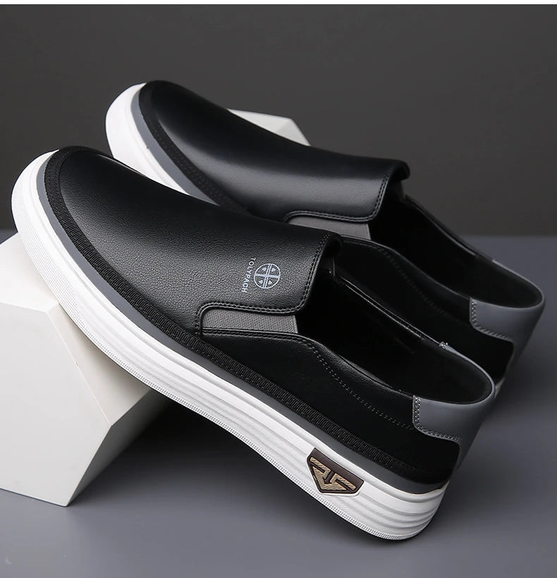 New 2025 Men's Genuine Leather Casual Sneakers Spring Summer Fashion Slip-On White Shoes Soft Sole Comfortable for Everyday Wear