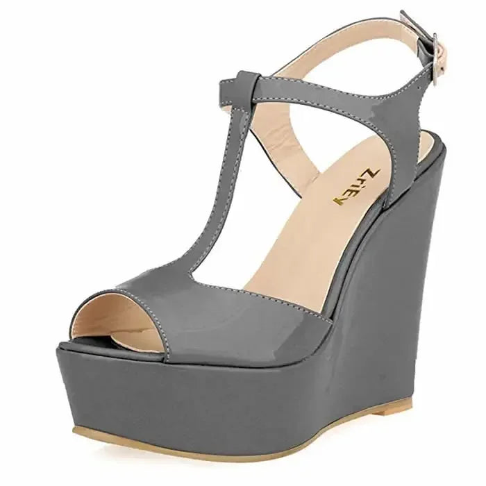 Women Wedge Sandals 2026 New Summer 14cm Open Toe Sexy Ankle Strap High Heels Patent Leather Platform Pumps Party Wedding Shoes