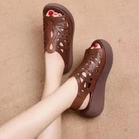Designer Women Sandals Soft Leather Wedges Shoes for Women Summer Retro Sandals Luxury Casual Shoes Female Heels Wedge Sandalias