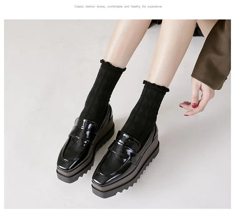 8cm Heeled Platform Wedges Shoes Womens High Heels Casual Lazy Shoes Square Toe Wedge Creepers Pumps Damen Black