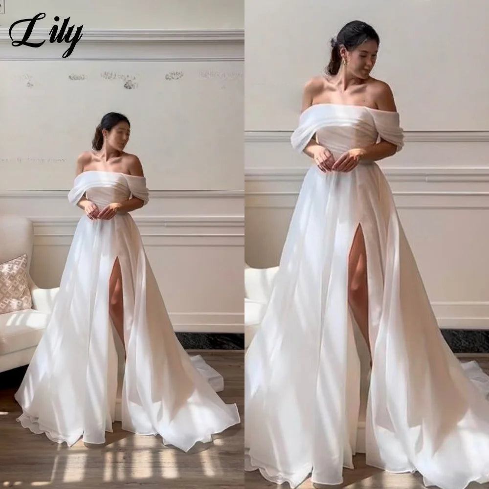 Lily Chic Pure White Wedding Party Dress Off-Shoulder A-Line Formal Dress Romantic Flowy Design with High Slit Skirt Customized