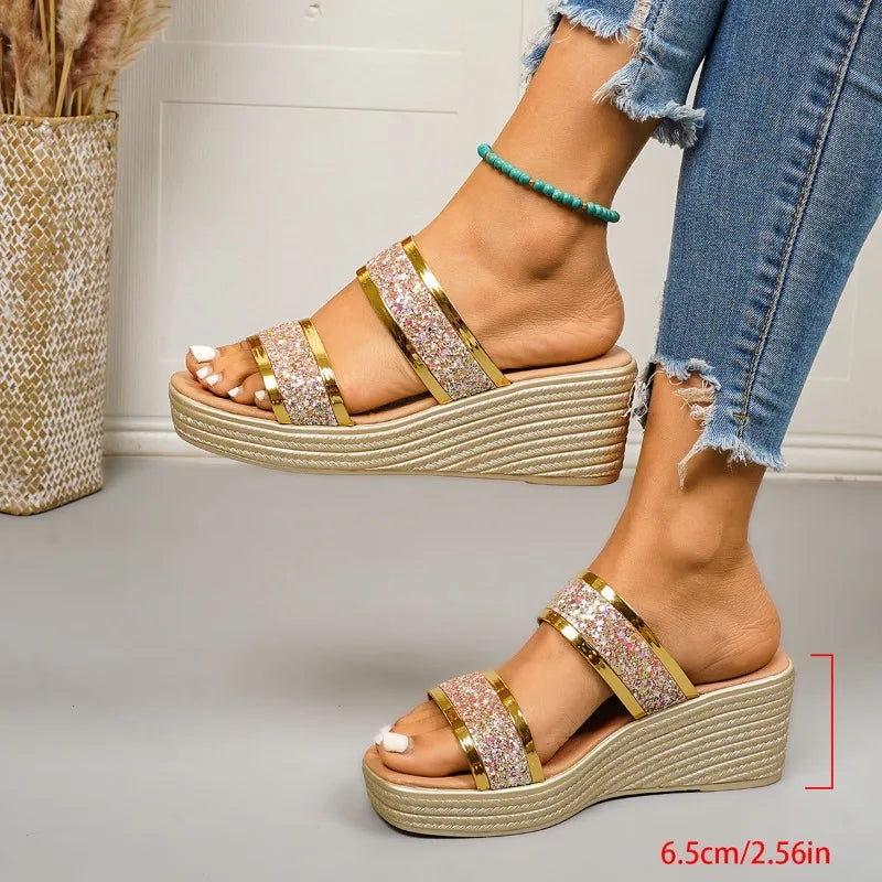 Fashion Women Wedges Sandals Luxury Platform Slippers Sexy Open Toe Women Shoes Shiny High Heels Women Shoes Sandalias De Mujer