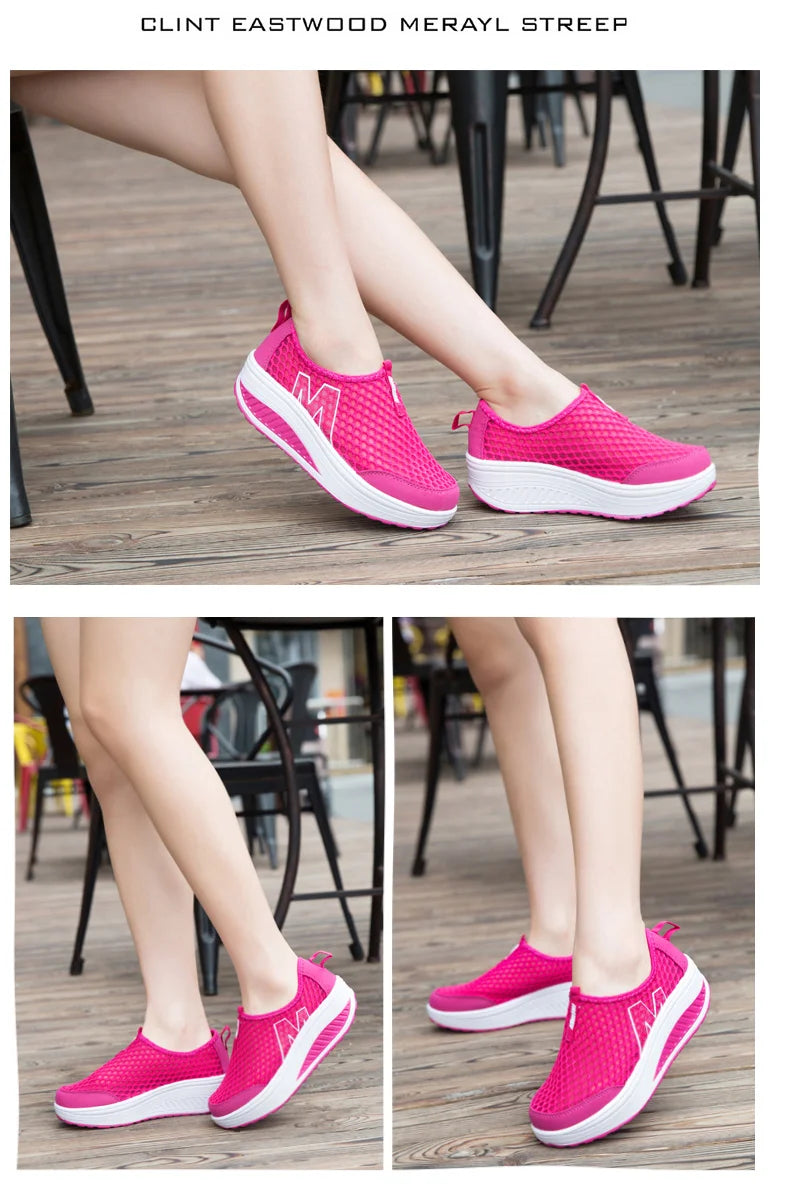 Women Mesh Flat Shoes Sneakers Women Swing Wedge Hollowed Out Slip-on Shoes Women Platform Breathable Lightweigt Vulcanization
