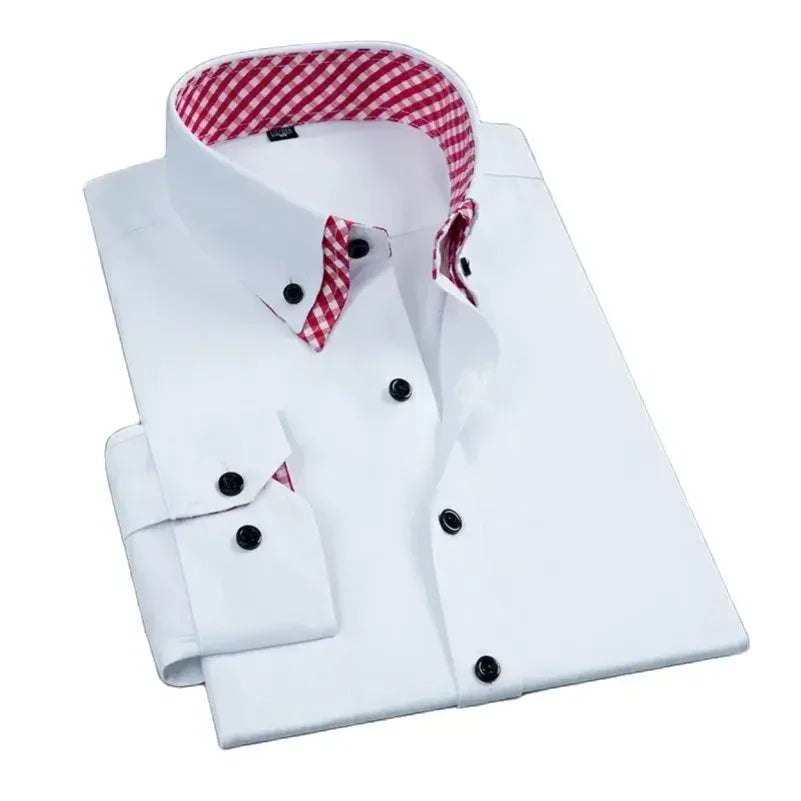Men's Business Dress Shirt Long Sleeve Non Iron Fashion Double Layer Formal Regular Fit Office Camisa Social Solid Button Shirts