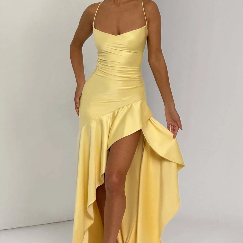 Summer Dresses For Woman Sexy Vestidos Slim Backless Elegant Evening Dress Slit Solid Color Spaghetti Strap Leace-up Temperament