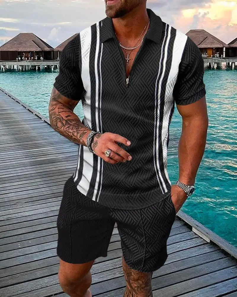 Men's Polo Tracksuit Set Summer Fashion Men Short Sleeve Zipper Polo Shirt&Shorts Set for Men Casual Streetwear 2 Piece Suit