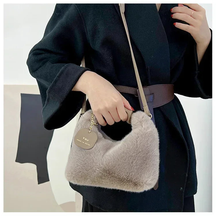 Women Faux Fur Plush Handbags Ruched Handle Small Lady Shoulder Crossbody Bag Casual Tote Half-Moon Hobos Winter Bags for Women