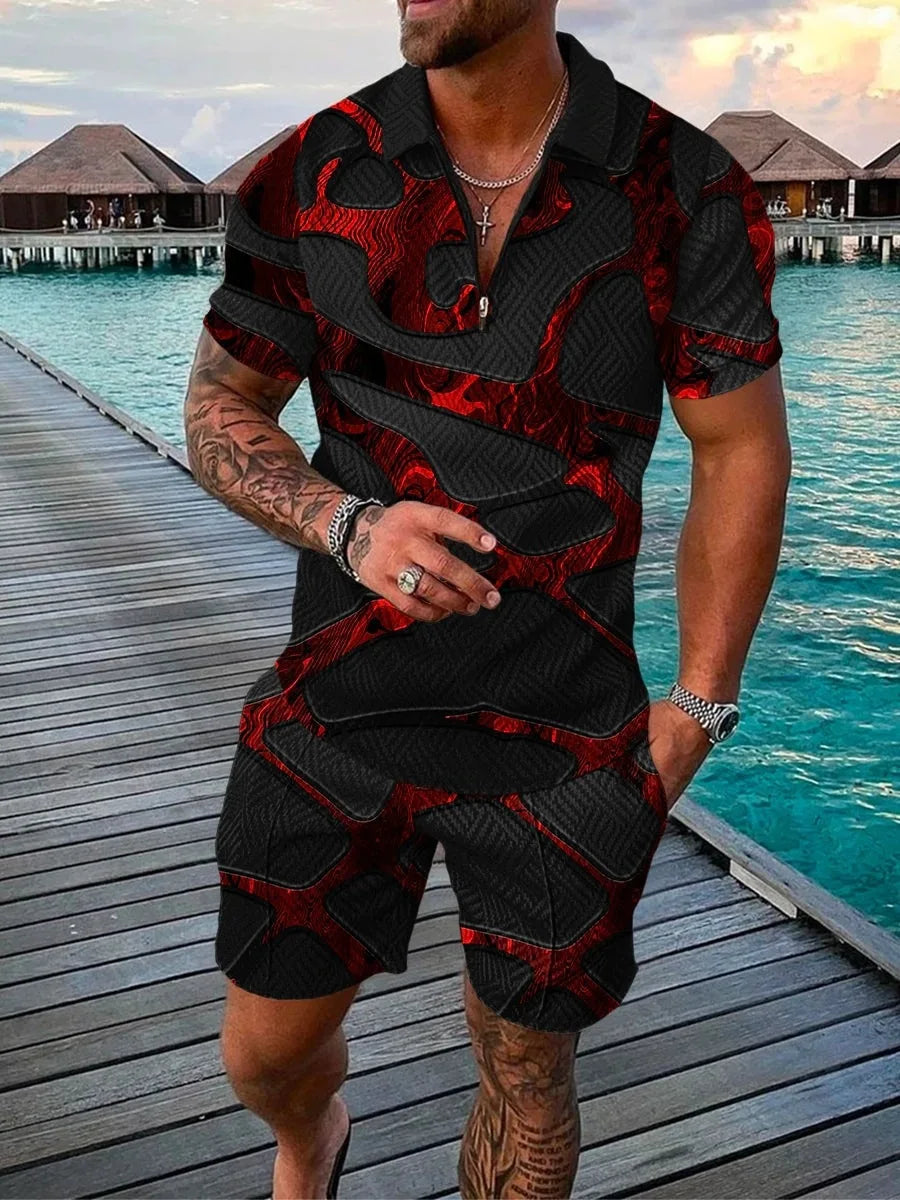 Men's Polo Tracksuit Set Summer Fashion Men Short Sleeve Zipper Polo Shirt&Shorts Set for Men Casual Streetwear 2 Piece Suit