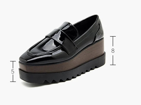 8cm Heeled Platform Wedges Shoes Womens High Heels Casual Lazy Shoes Square Toe Wedge Creepers Pumps Damen Black