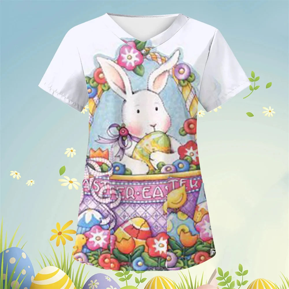 Scrubs Medical Uniforms Cute Cartoon Bunny Print High Quality Medical Uniforms for Women Short Sleeve Dental Medical Uniforms