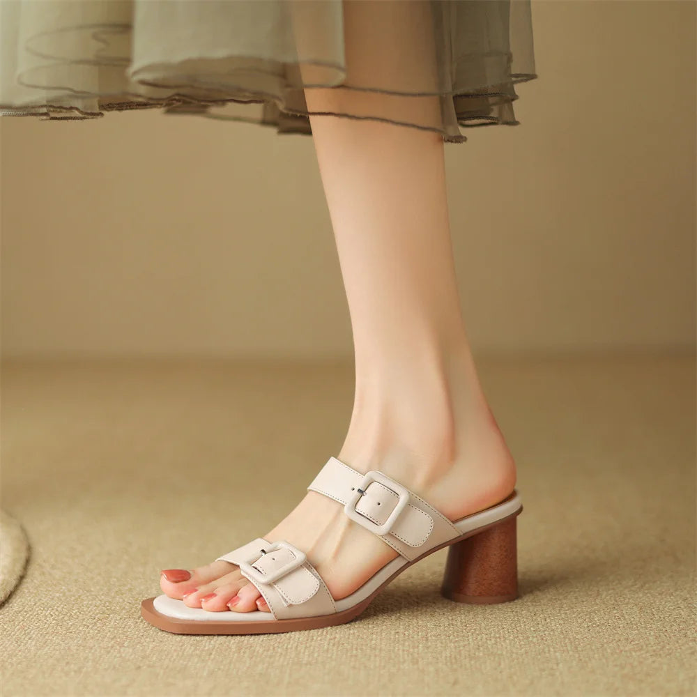 Women's sandals summer 2023 cow leather double metal belt 5.5cm thick med heel slip-on slippers elegant ladies slim daily pumps