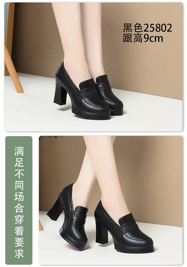 High Heels for Women 2025 Spring Slip on Pointed Toe Platform Heels Chunky Loafers Woman Black PU Leather Uniform College Shoes
