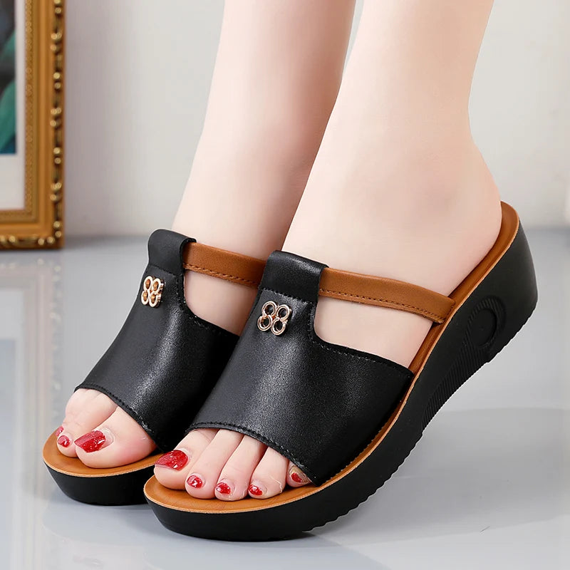 Genuine Leather Wedge Sandals for Women, Summer Soft Soles, Lightweight Thick Soles, Women's Sandals, Slippers, Outer Wear Mom's Shoes