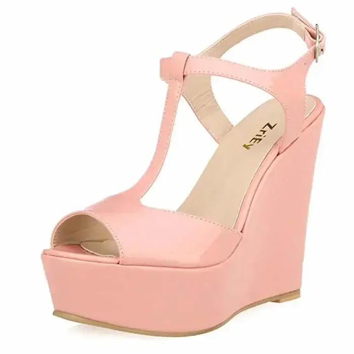 Women Wedge Sandals 2026 New Summer 14cm Open Toe Sexy Ankle Strap High Heels Patent Leather Platform Pumps Party Wedding Shoes