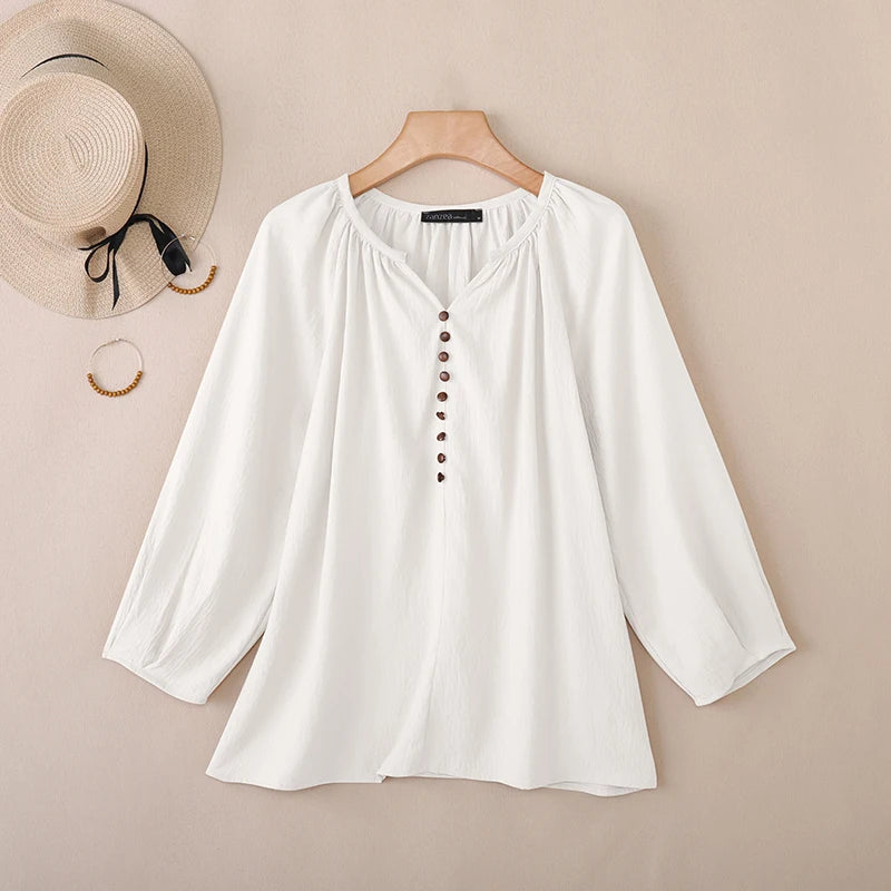 Women Blouse ZANZEA 2026 Spring Summer Shirt Casual V-Neck 3/4 Sleeve Solid Tops Female Mujer Elegant OL Work Blouses Oversize