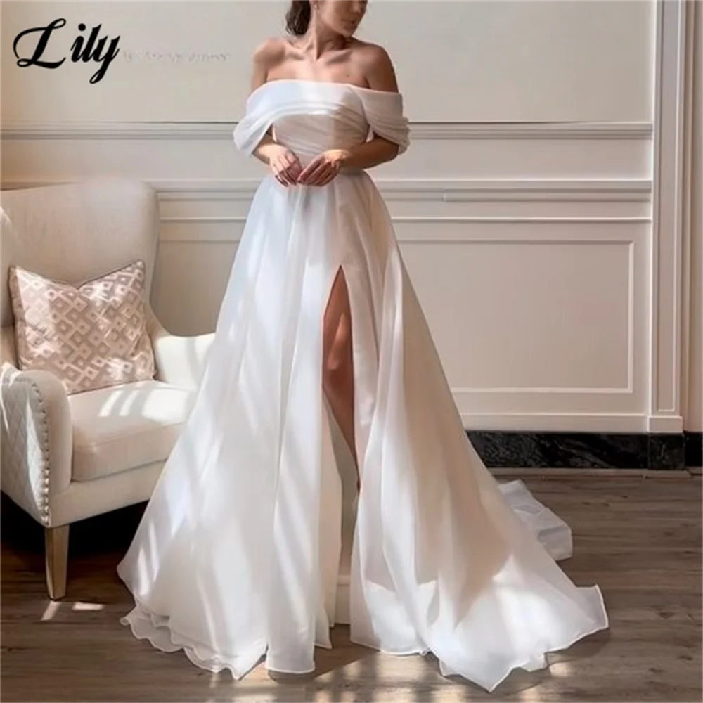 Lily Chic Pure White Wedding Party Dress Off-Shoulder A-Line Formal Dress Romantic Flowy Design with High Slit Skirt Customized