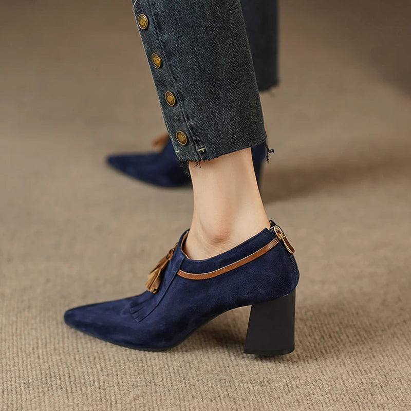 2025 Spring Women Shoes Pointed Toe Chunky Heel Women Pumps Sheep Suede High Heels Belt Buckle Shoes for Women zapatos de mujer