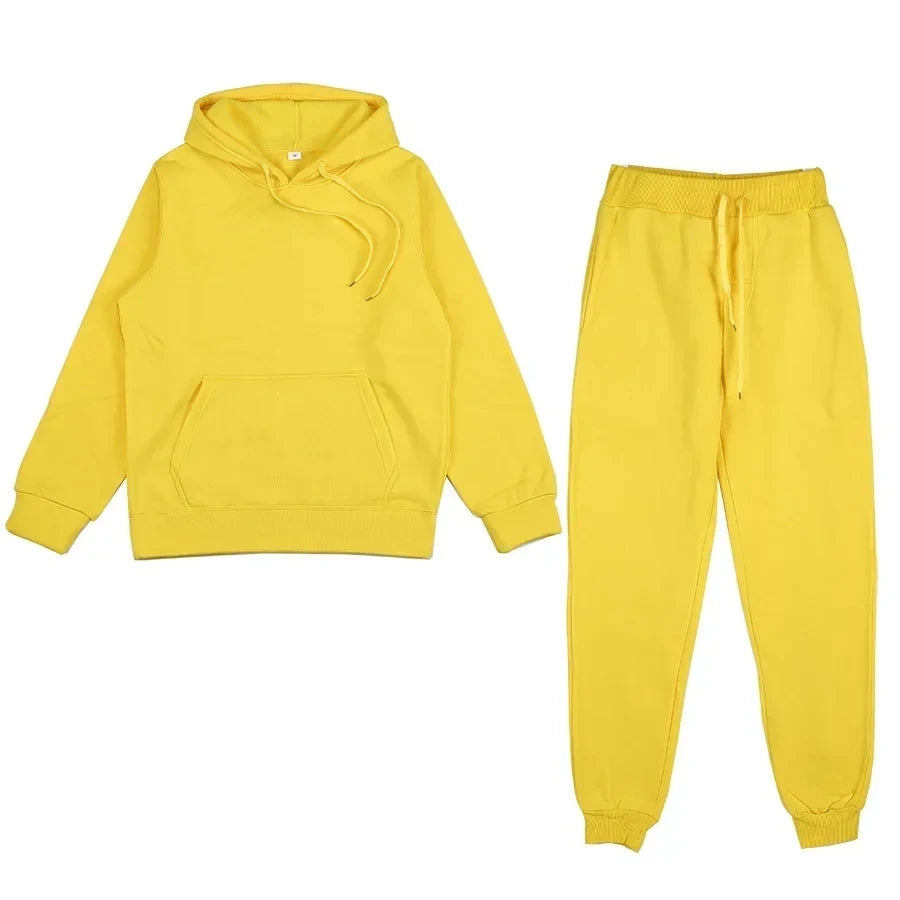 New Men Women Tracksuit Hoodies Casual Solid Color Thick Pullover and Long Pant 2-piece Set Men Autumn Fleece Jogger Sports Suit