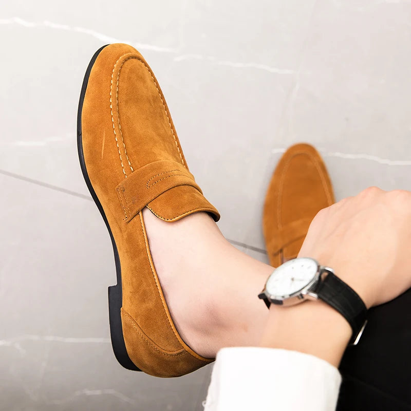 Men Dress Shoes Loafers Suede Pointed Toe Low Heel Fashion Business Casual Breathable Wedding Daily Dress Shoes Zapatos Hombre
