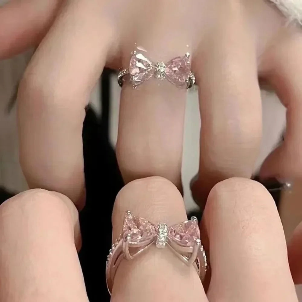 2pcs Set Fashion Bowknot Necklace Rings Set Crystal Bow Knot Pendant Necklaces Adjustable Bow Rings Fairy Shiny Pink Jewelry