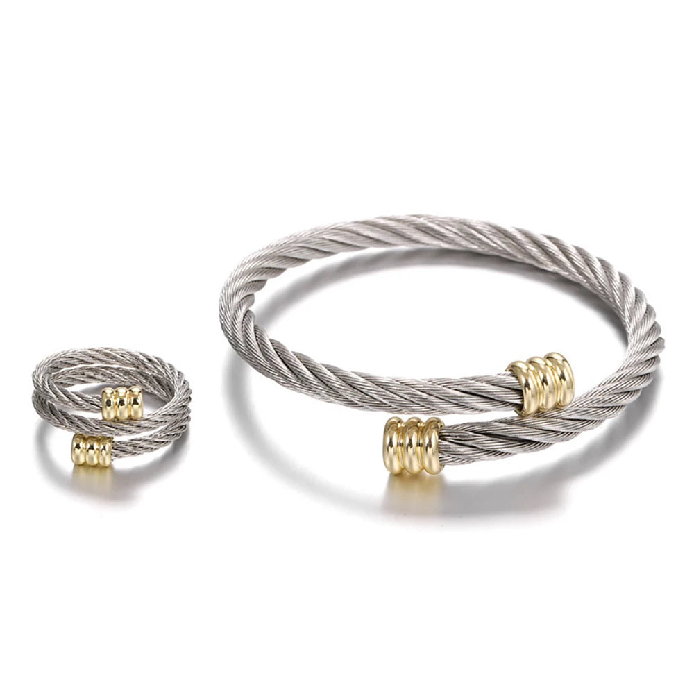 New Fashion Bangle Ring Set for Women Men Punk Stainless Steel Wrist Metal Bracelet No Fade Color Jewelry Accessories Gifts