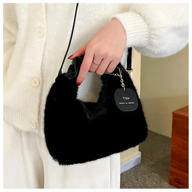 Women Faux Fur Plush Handbags Ruched Handle Small Lady Shoulder Crossbody Bag Casual Tote Half-Moon Hobos Winter Bags for Women