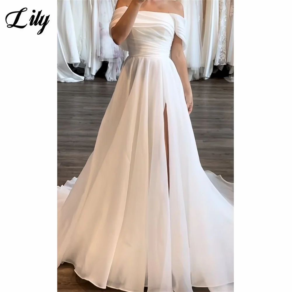 Lily Chic Pure White Wedding Party Dress Off-Shoulder A-Line Formal Dress Romantic Flowy Design with High Slit Skirt Customized