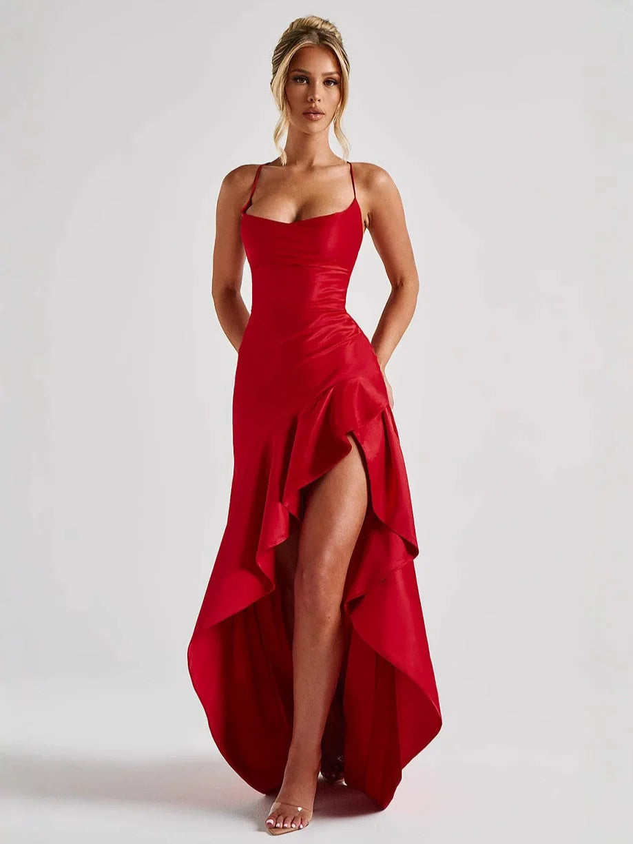 Tesco Red Sexy Evening Dresses Spaghetti Straps Asymmetrical Ruffle Prom Dresses Smooth Satin Women Summer Long Dresses