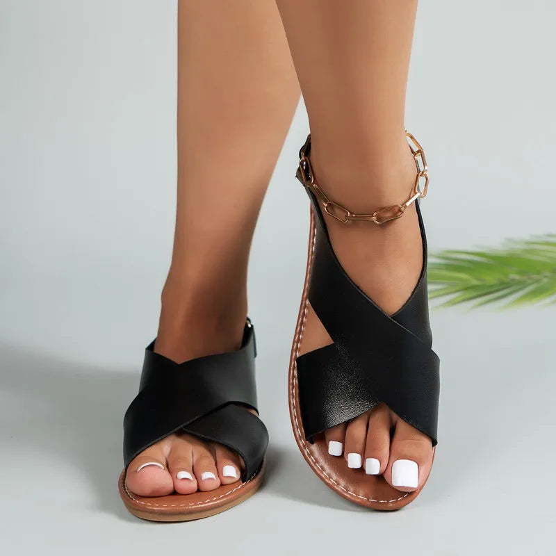 Women's Flat Sandals Lightweight Pu Leather Casual Sandals Summer Peep Toe Beach Sandals for Women Roman Sandal Sandalias Mujer