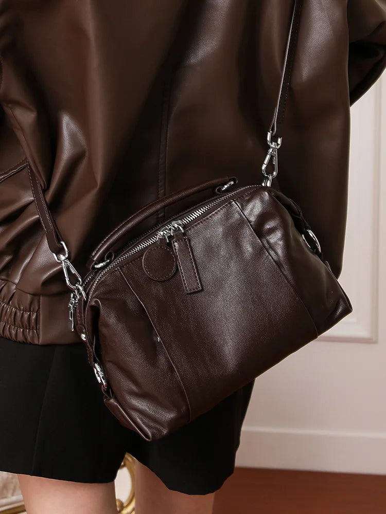 Women's Handbag 2025 New Top Grain Leather Boston Bag Unique Shoulder Crossbody Bag Vintage Commuting Versatile Handheld Tote