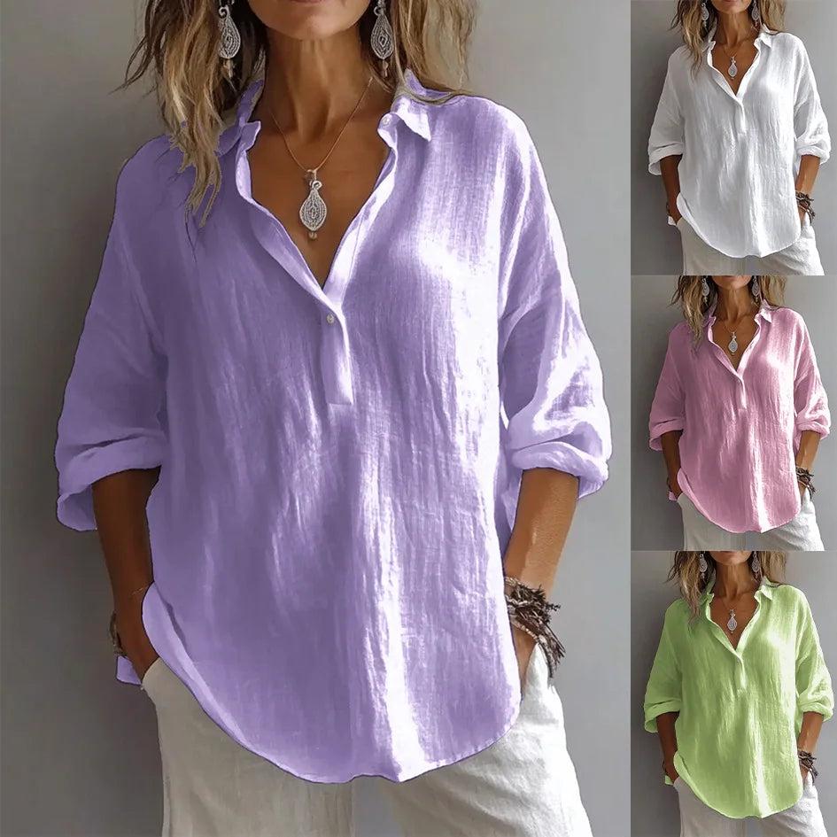 Women Cotton Linen Blouse Long Sleeve Turn Down Collar Solid Color Casual Loose Shirt Summer Breathable Office Lady Tops