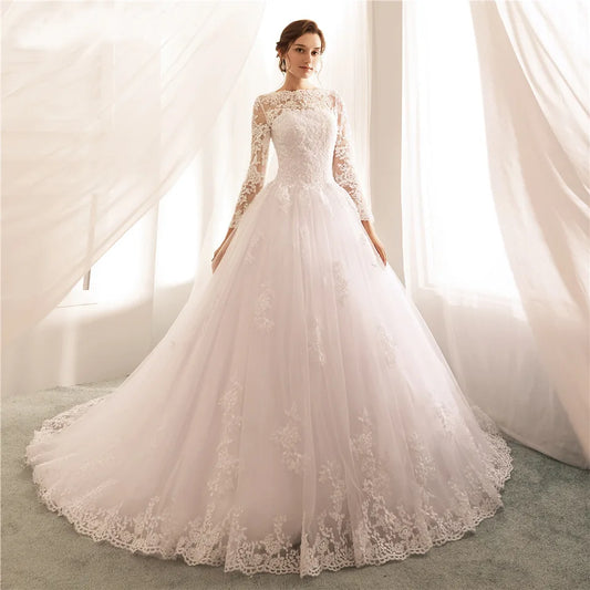 Customized Elegant Ball Gown Women Wedding Dresses Long Sleeves Court Train Appliques Bridal Gowns Formal robe de mariée