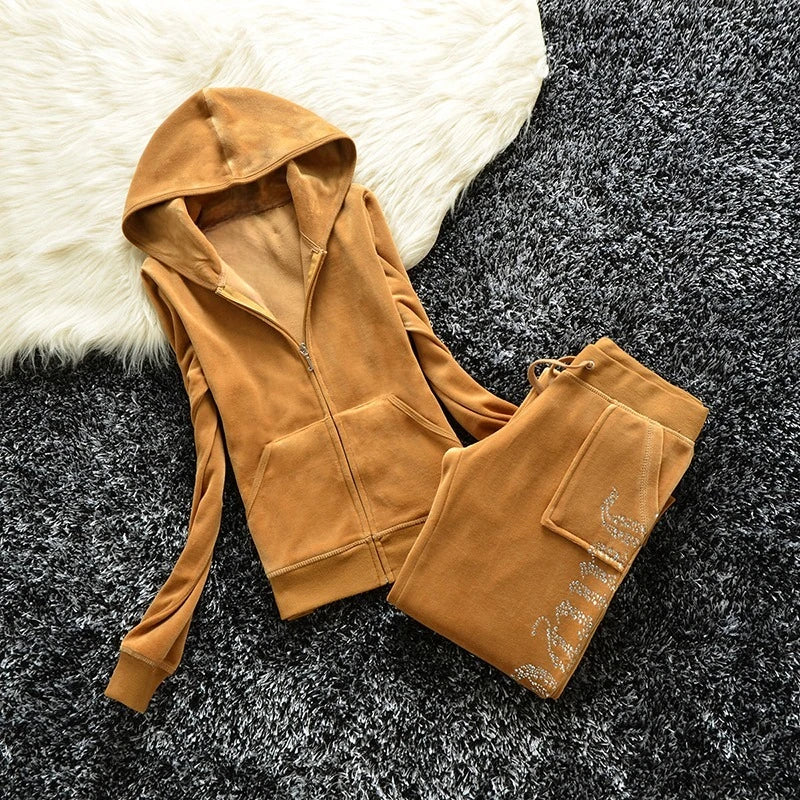 2 Pieces of Women's Outfit 2025 Fall Winter Women's Tracksuit Crystal Hoodies and Pant Sets Y2K Velvet Tracksuit