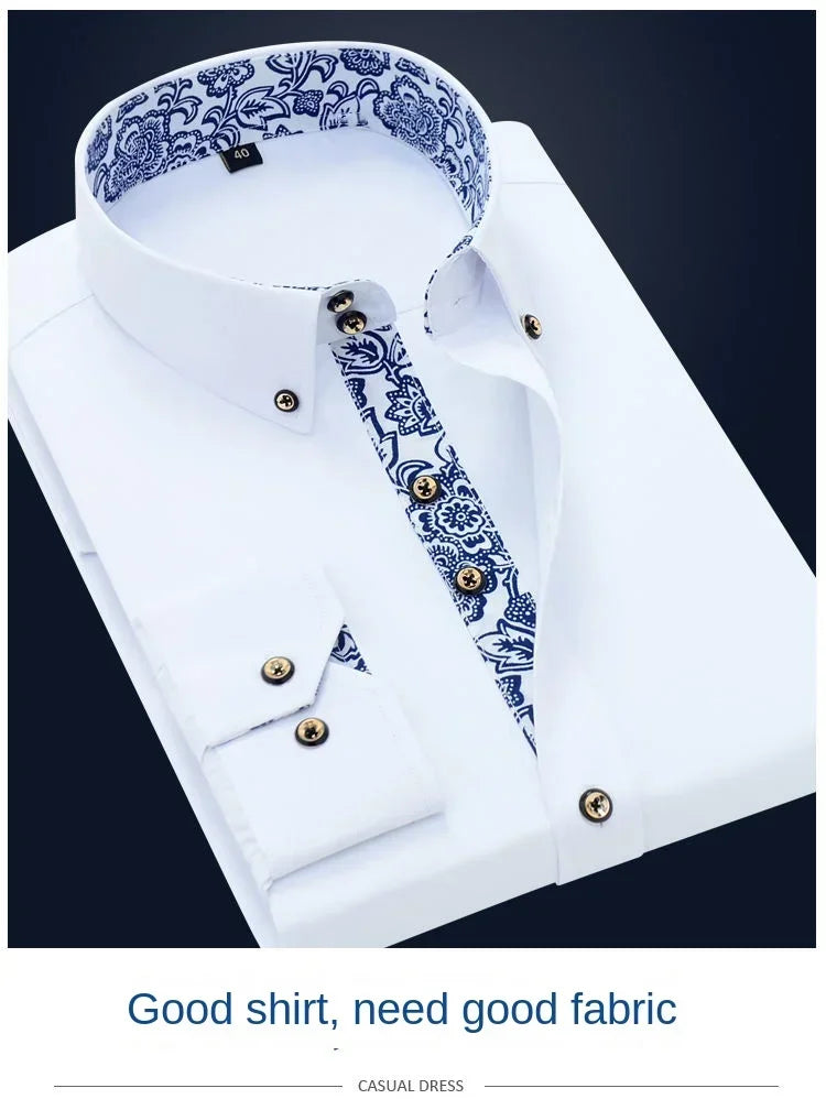 Men's Cotton Shirt Formal Business Collar Dress Shirts Long sleeve Spring Autumn Casual Wear Slim Fit Social Black Blue White