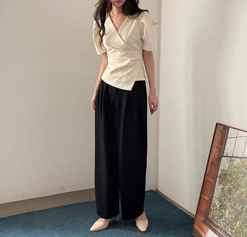 Women Blouse 2026 Spring Summer Solid Tucked V Neck Slim Blouse Elegant Short Sleeve Asymmetrical Top For Women Hot Sale