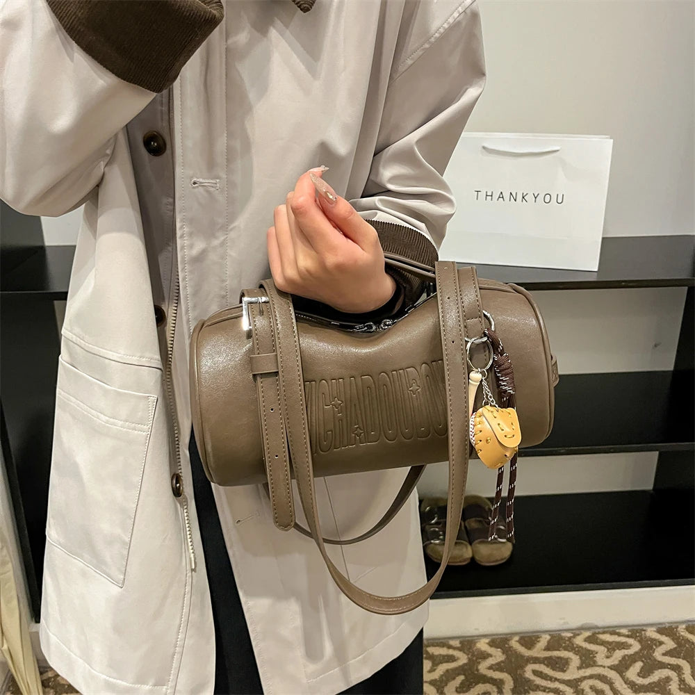 Multifunctional Cylinder Shaped Shoulder Bags For Women 2024 Winter Latest Designer Handbags Luxury Cross Body Bag With Pendant