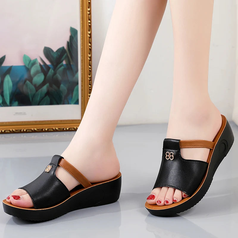 Genuine Leather Wedge Sandals for Women, Summer Soft Soles, Lightweight Thick Soles, Women's Sandals, Slippers, Outer Wear Mom's Shoes