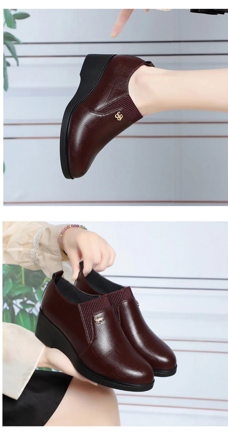 Wedge Heel Leather Shoes for Women 2025 New Soft Sole Design Versatile and Comfortable Solid Color Casual Pumps Women's Shoes